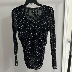 Black and white floral mesh long sleeve top